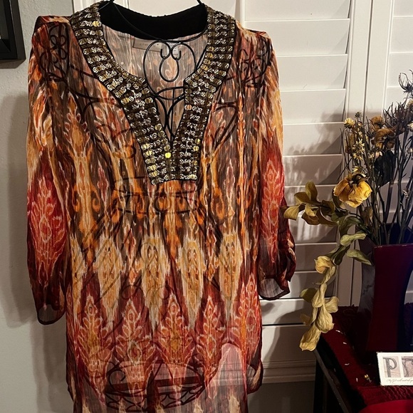 Chico's Textured Gauze Embellished Tunic Sz 1 Top Blouse - Picture 5 of 12